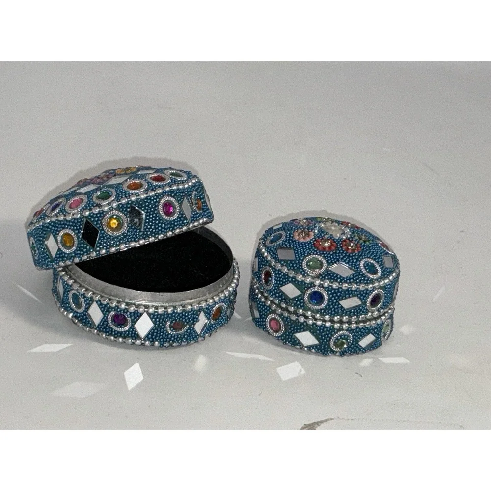 Set Of 2 Nesting Beaded And Mirrored Trinket Gift Box India 2.25‎ In